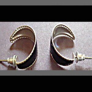 Silver Tone & Black Small Hoop Design Earrings